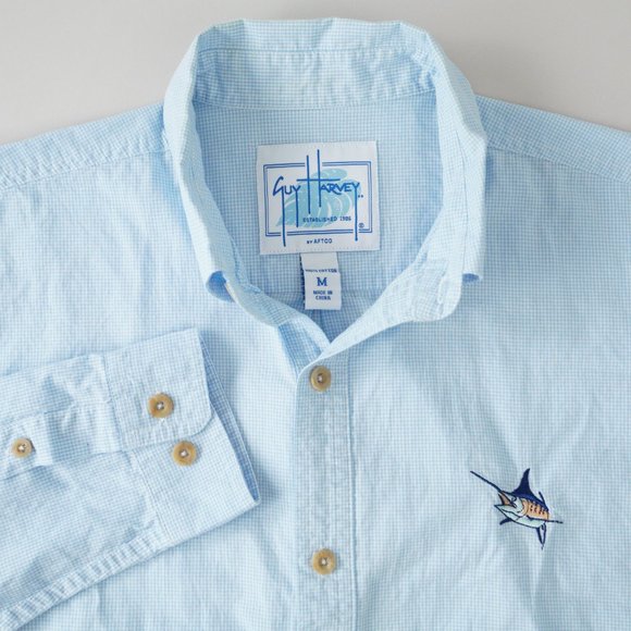 Guy Harvey Button Up Long Sleeve Shirt Gingham Marlin Fish Embroidered Men Sz M - Picture 1 of 14